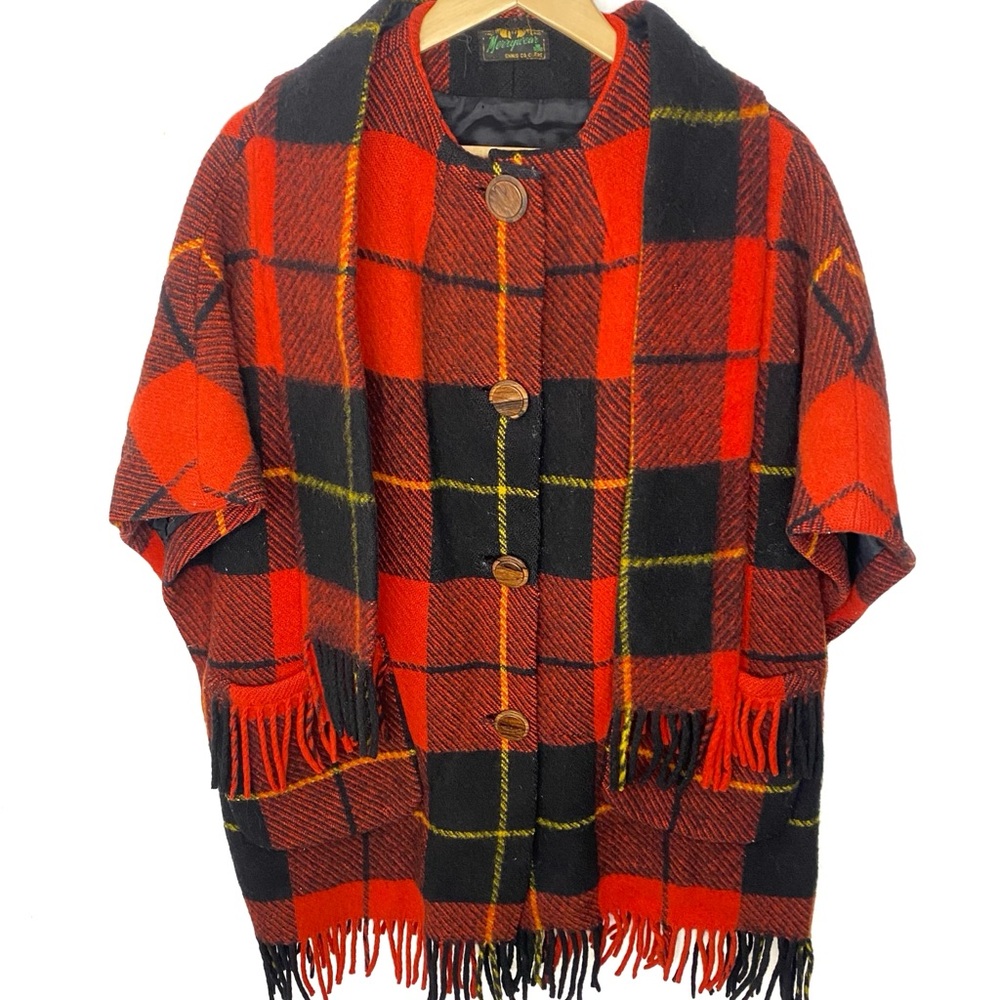 Vintage 60’s Merrywear Women’s Wool Plaid Irish Poncho Cape Coat With Scarf OSFA